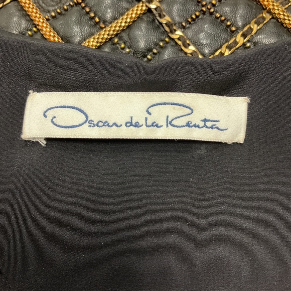 OSCAR DE LA RENTA BLACK / GOLD CHAIN EMBELLISHED LEATHER COAT - Picture 4 of 5